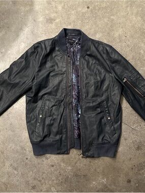 Paul Smith Black Leather Bomber Jacket with Patterned Lining